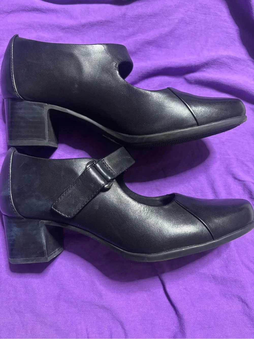Clarks Black Leather Block Heel Mary Jane with Ankle Strap
